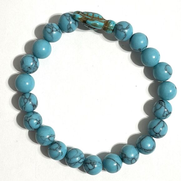 Sea Turtle Howlite Stone Beaded Stretch Bracelet Blue Simulated Turquoise Ocean - Picture 9 of 10